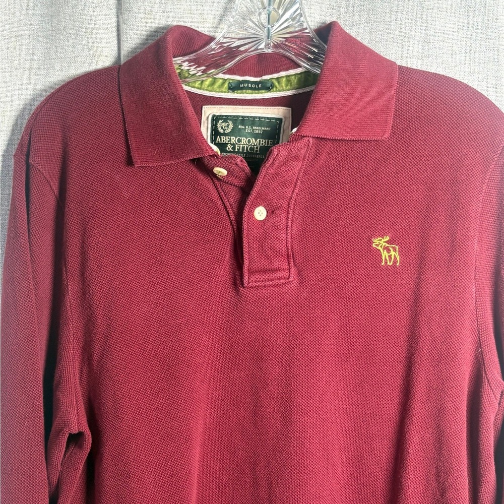 Abercrombie & Fitch Mens Muscle Fit Long Sleeve Polo Shirt Burgundy Maroon Large - Picture 1 of 9